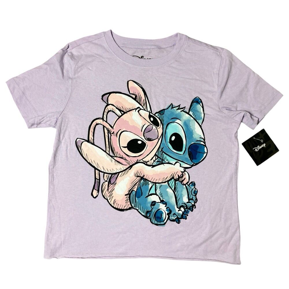 Disney T-Shirt Womens S Purple Lilo & Stitch Angel Hug Love Graphic Tee Cartoon